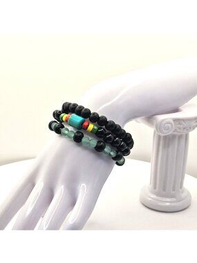 Beaded Stretch Bracelet Set With Black Green And Multicolor Beads Handmade Jewel